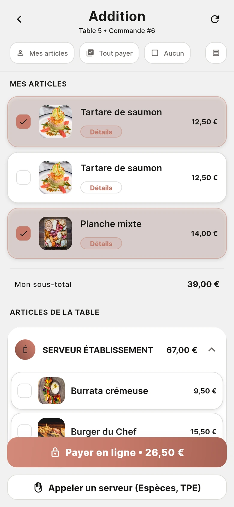 L'addition sur le téléphone du client : sélection article par article, y compris ceux des autres convives