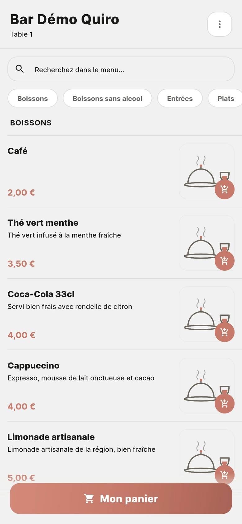La carte du restaurant sur le téléphone du client : catégories, produits et ajout au panier