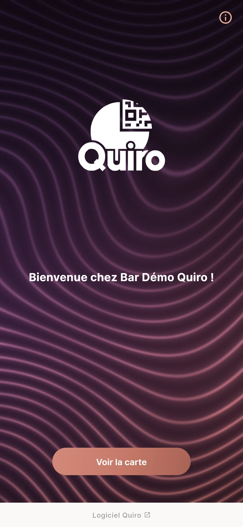 L'écran d'accueil Quiro sur le téléphone du client après scan du QR code de la table