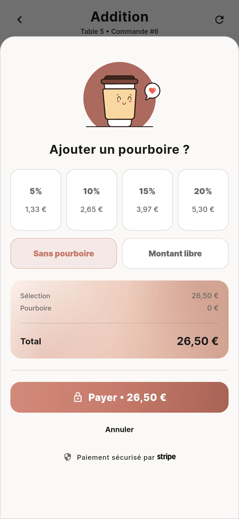 Le volet de paiement en ligne avec les suggestions de pourboire intelligent