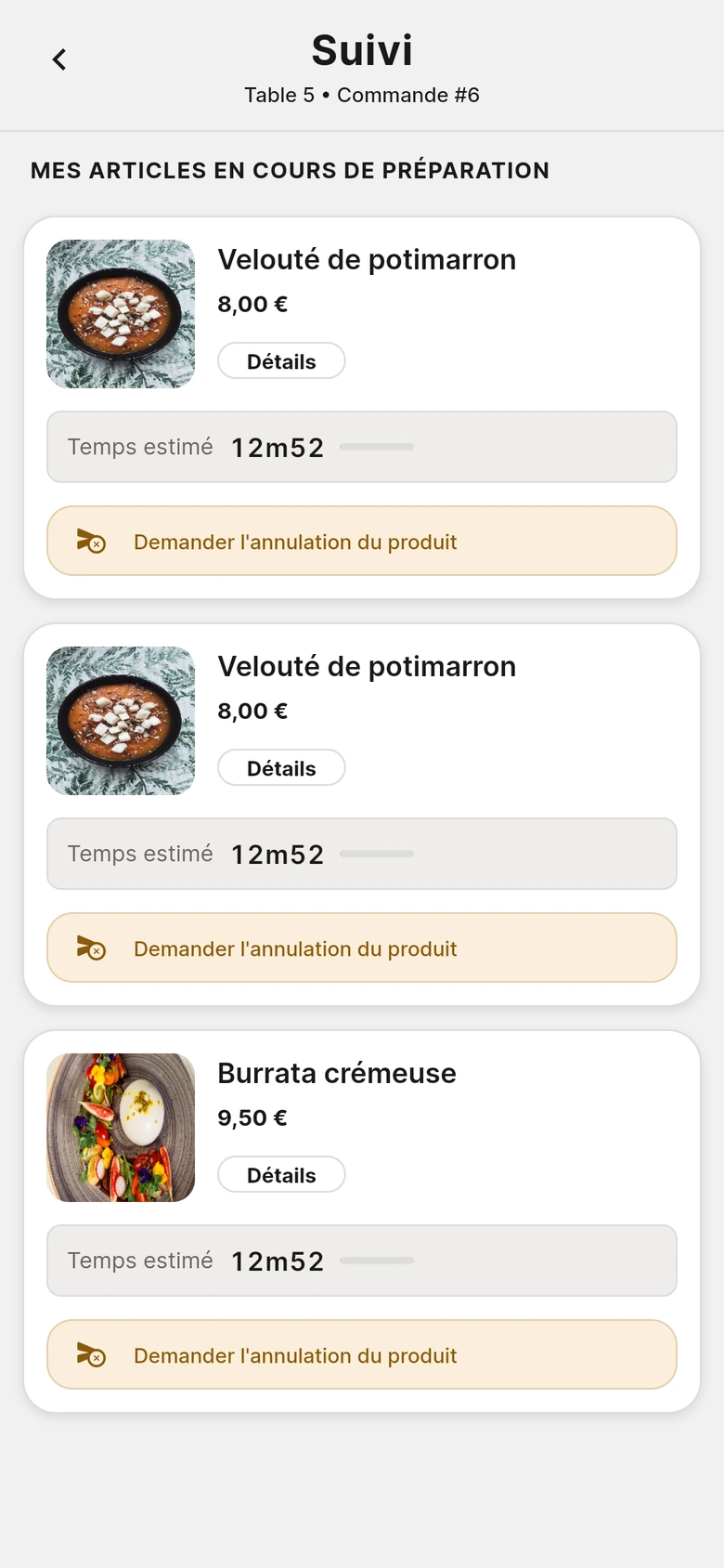 Le suivi de commande côté client : plats en préparation avec estimation du temps d'attente