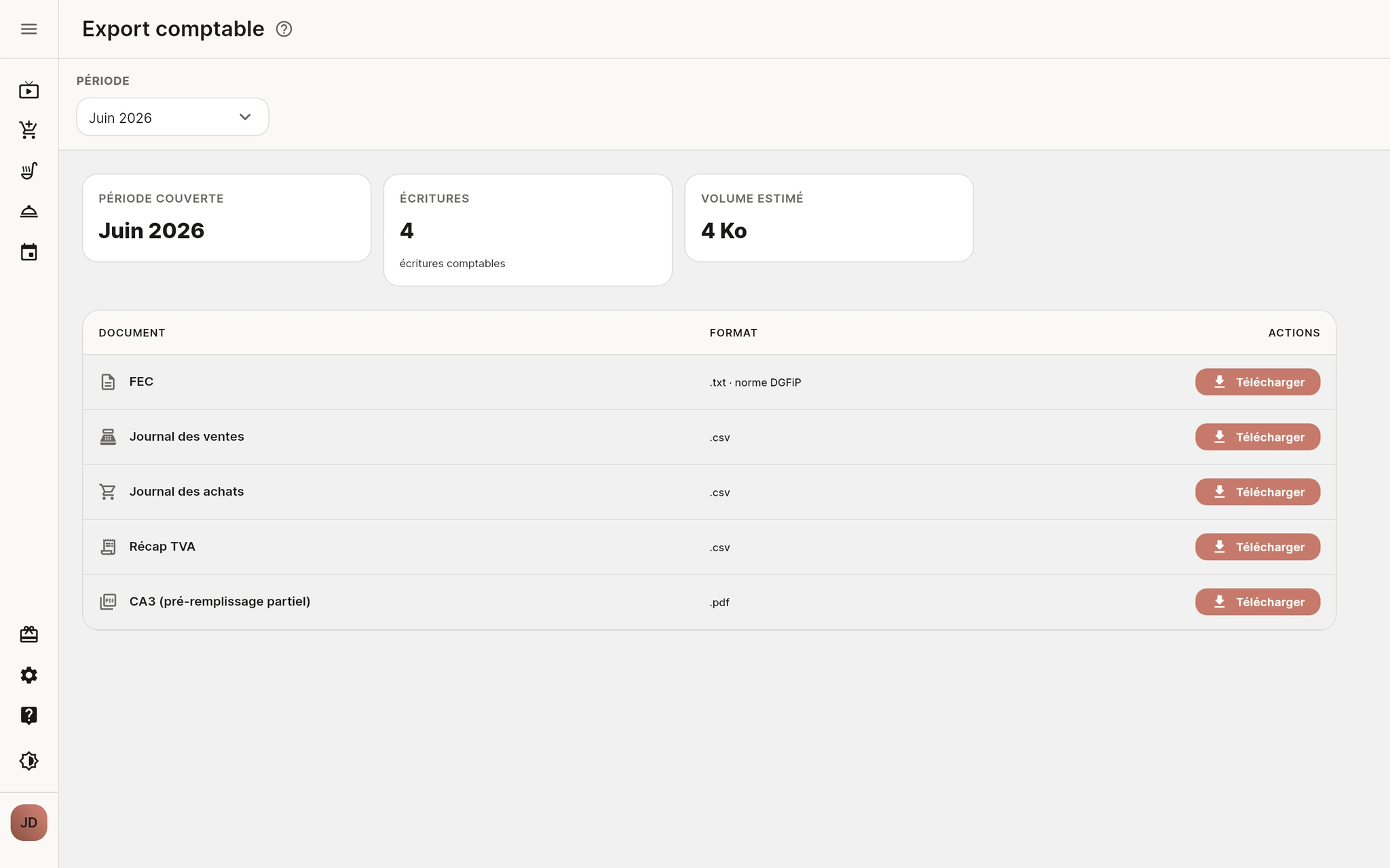 Export comptable Quiro : FEC norme DGFiP, journaux des ventes et des achats, récap TVA et CA3