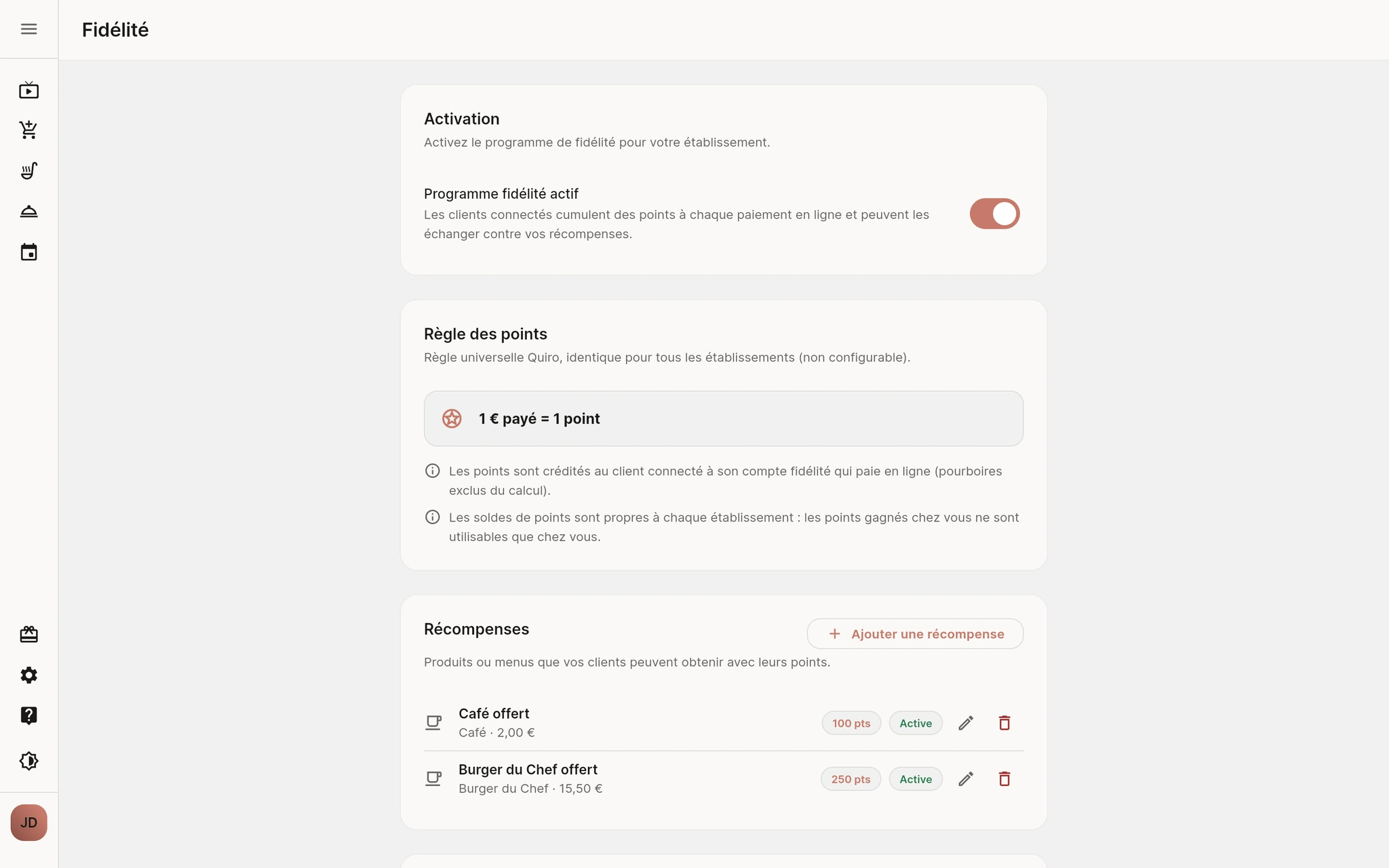 Configuration du programme de fidélité Quiro : règle des points et récompenses