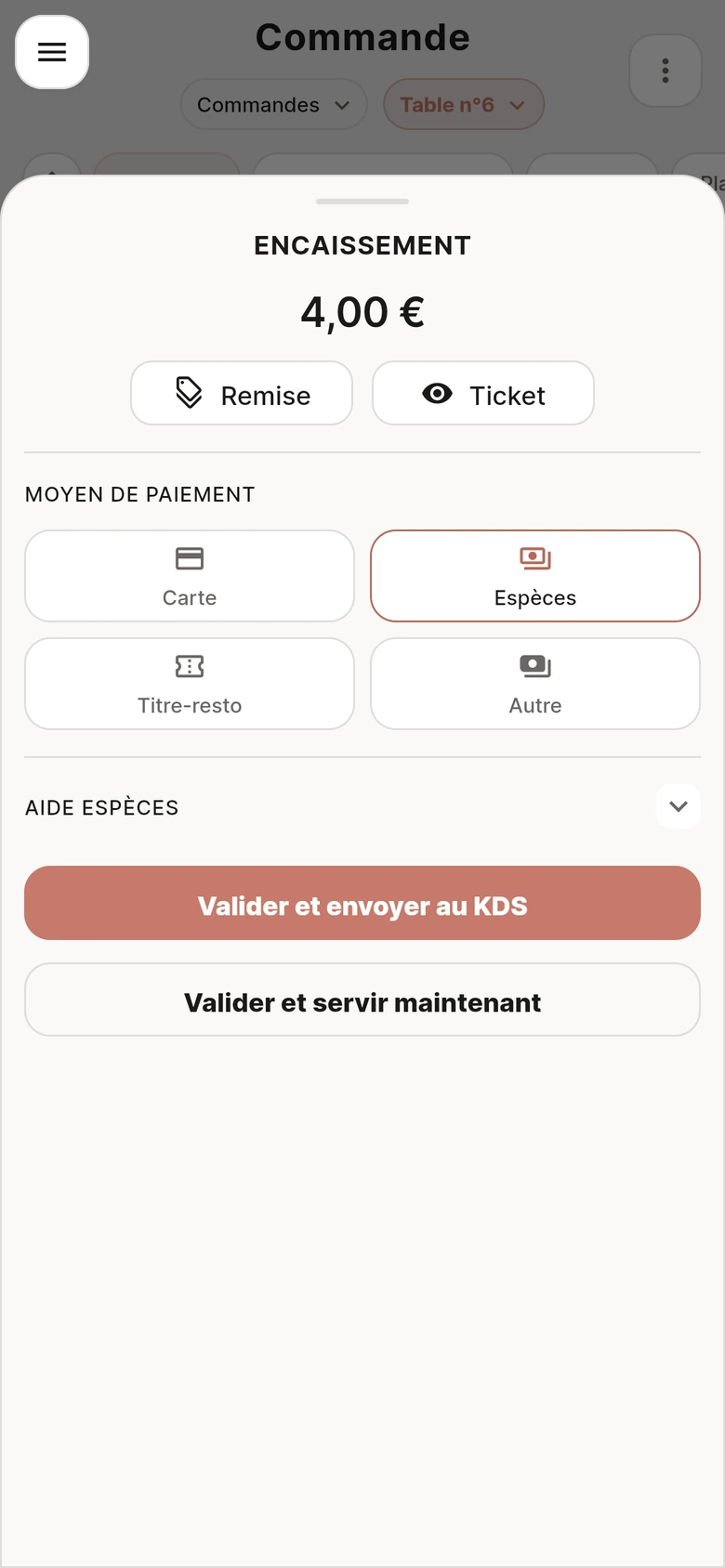 Encaissement en espèces sur le téléphone du serveur, synchronisé avec la caisse principale