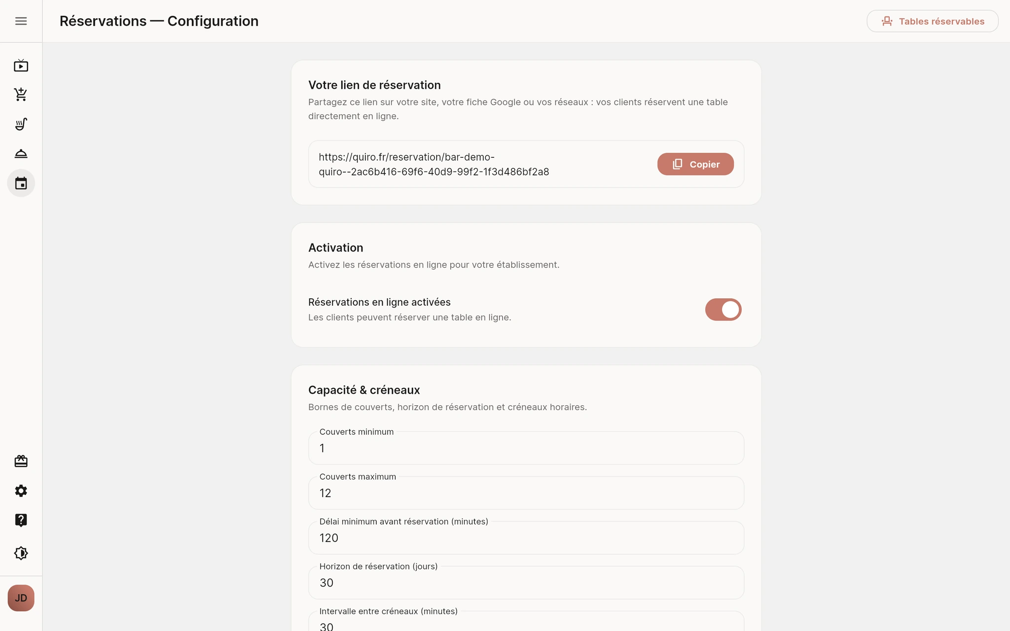 Réglages des réservations en ligne dans Quiro