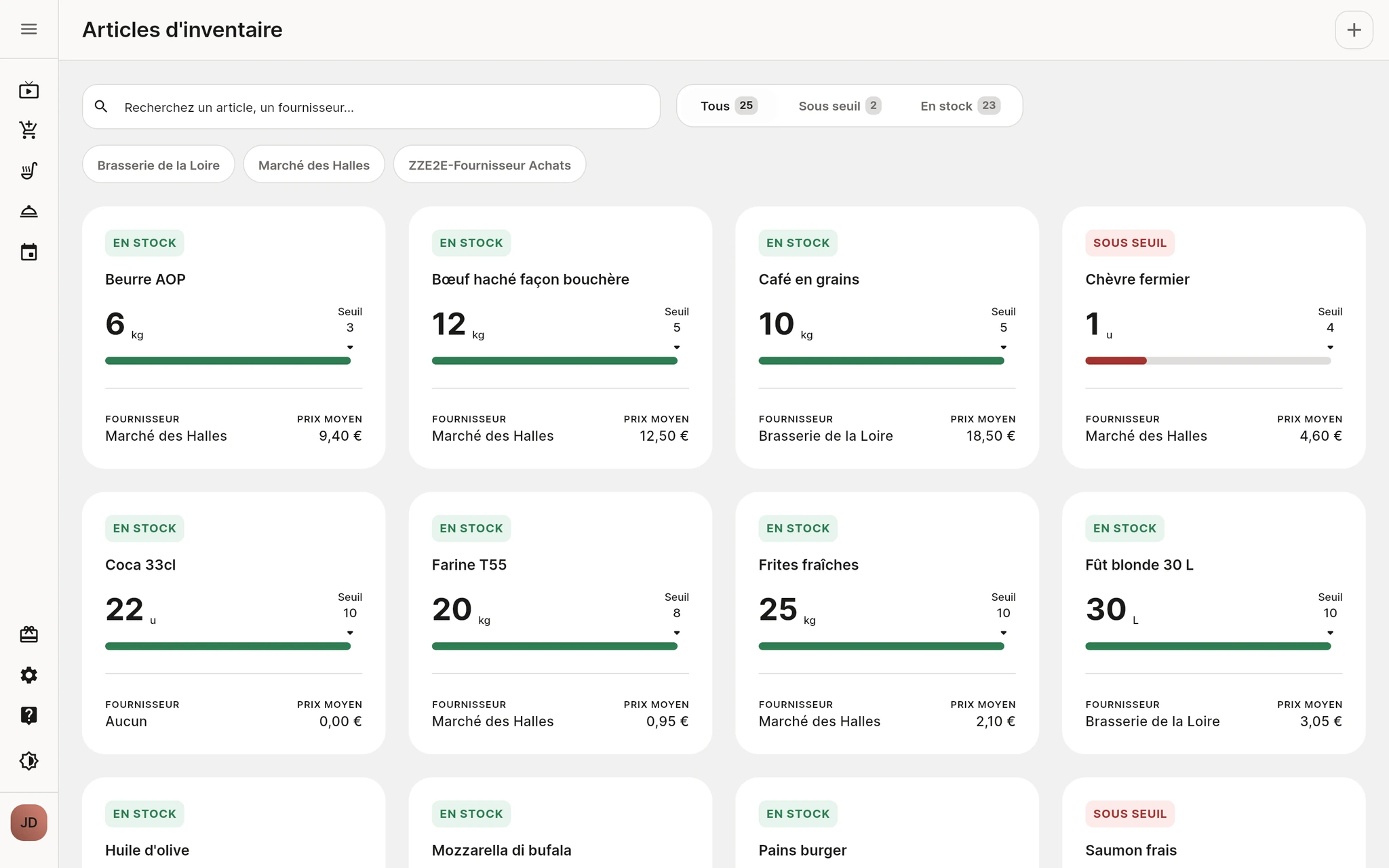 Inventaire Quiro : quantités, seuils et alertes de stock article par article